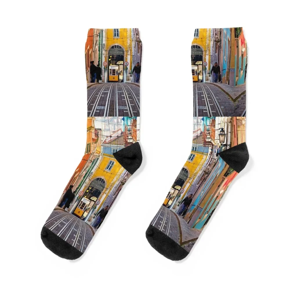 

Lisbon Portugal Tram train on the city streets Socks Climbing hiking custom sports Man Socks Women's