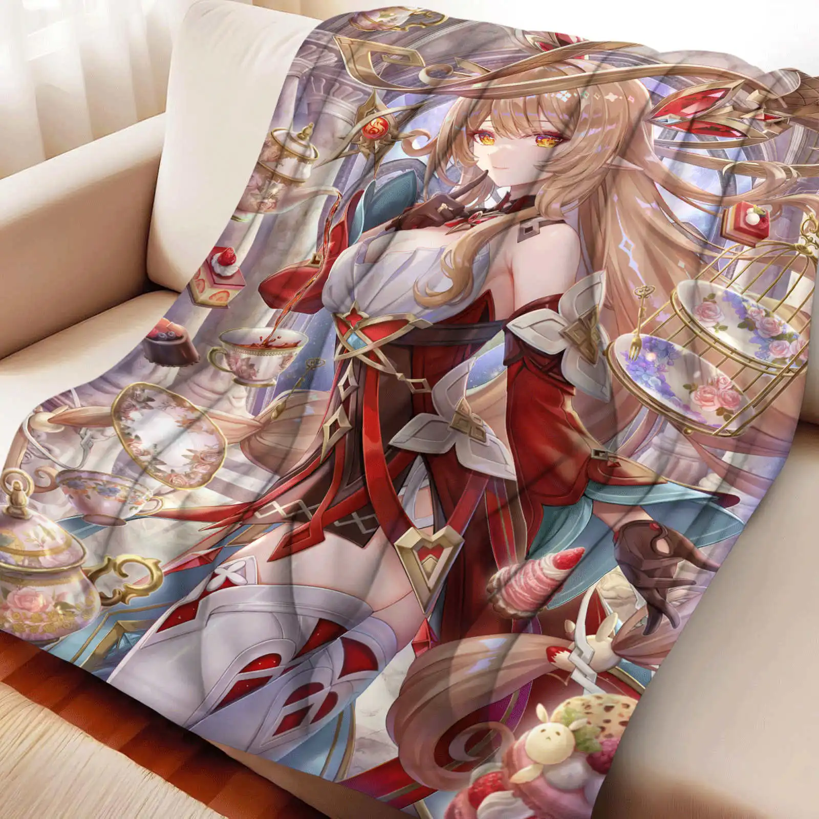 Genshin Impact Alice Flannel printed blanket suitable for all seasons suitable for living room office sofa and travel