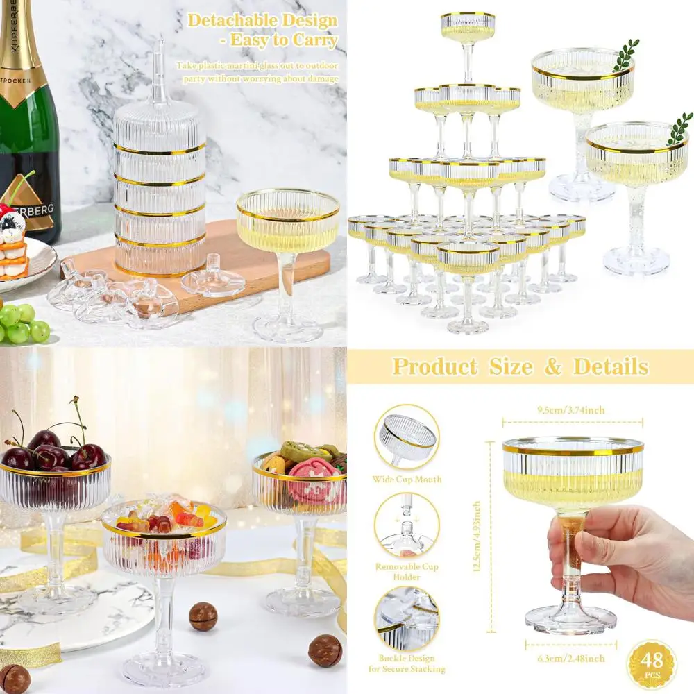 

Набор из 48 прозрачных пластиковых флейтков для шампанского на 5 унций с золотыми ободками, одноразовые бокалы для мартини, штабелируемые бокалы для свадеб и би