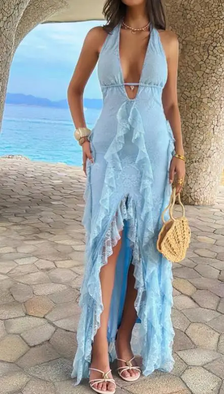 

2026 Summer Women's New Fashion Casual Elegant Sexy Style Deep V Hanging Neck Off Shoulder Dress Female Clothing