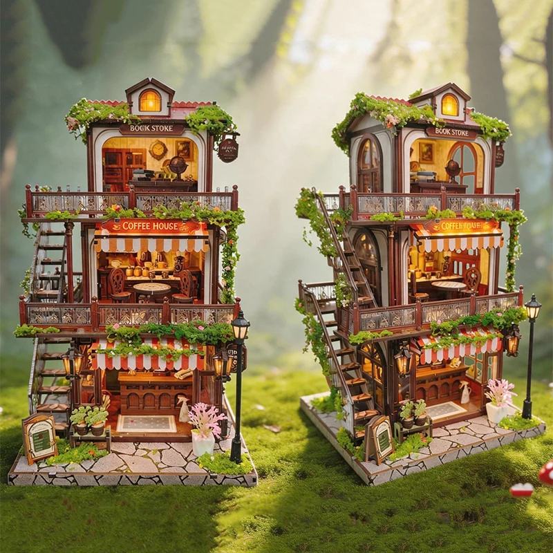 DIY Wooden Time-Layered Book Cafe Cottage Miniature Model Kits With Furniture Puzzles Casa Dollhouse for Friends Birthday Gifts