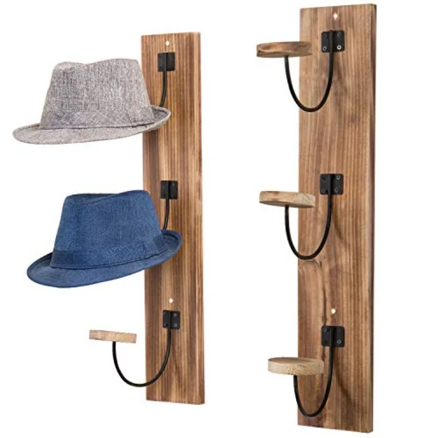 

2 Pcs Hat Rack Wall Mount Cowboy Hat Organizer Holder Coat Cap Clothes Hanger with Metal Wire and Wood Hooks