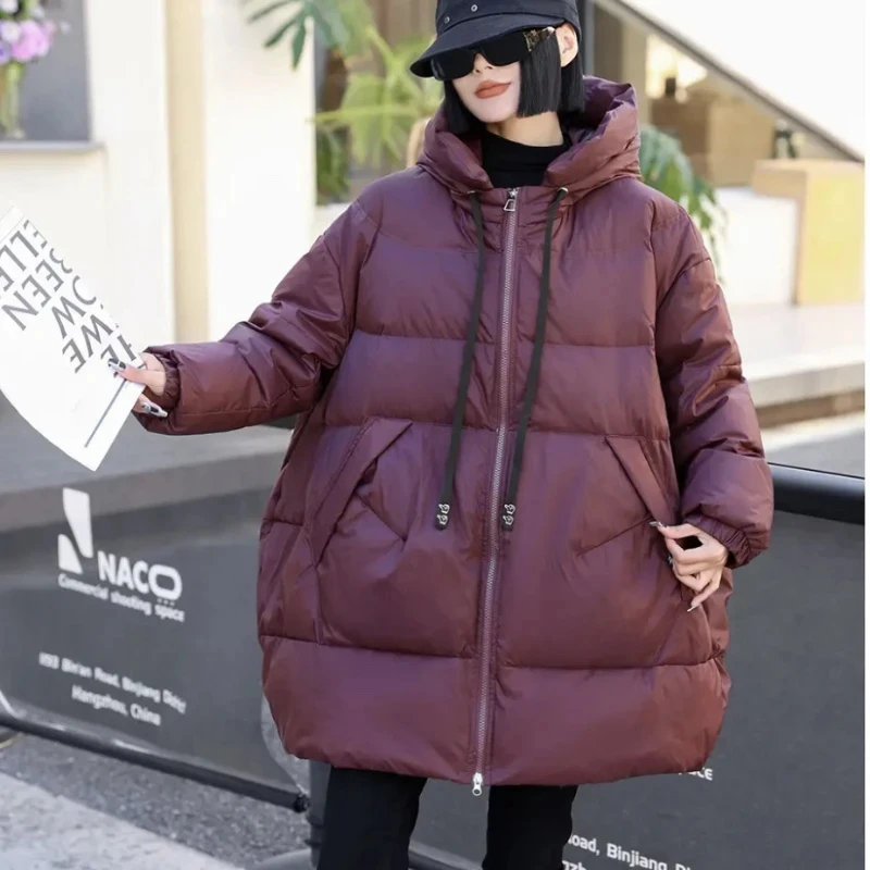 2026 Mid-length Puffer Coat Casual Winter Women Loose Thick White Duck Down Jacket Female Solid Windproof Hooded Parkas