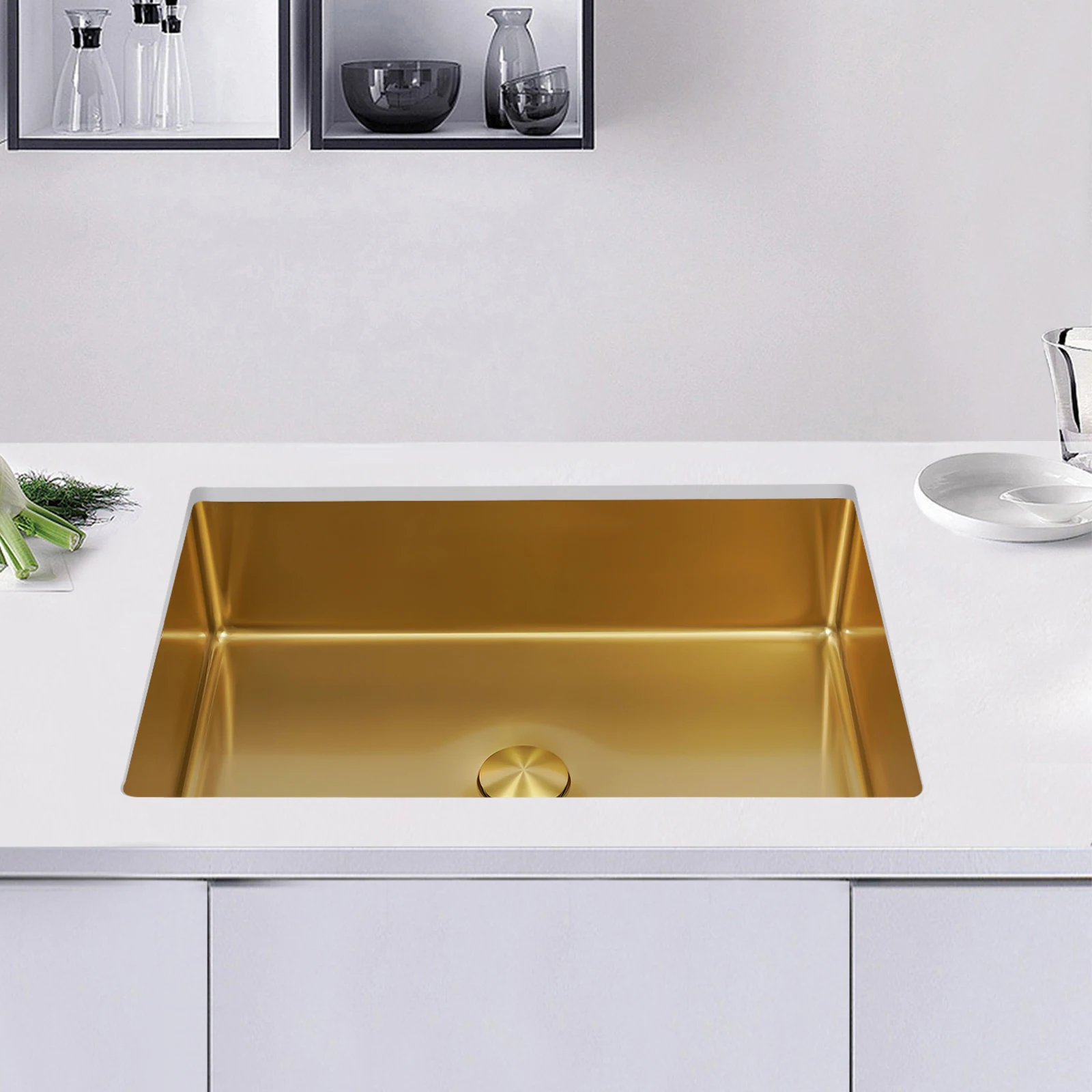 ステンレススチールゴールドキッチンシンク、シングル長方形ゴールデンシンク、容量約23L、ゴールデン洗面器21.65*14.96*5.31インチ