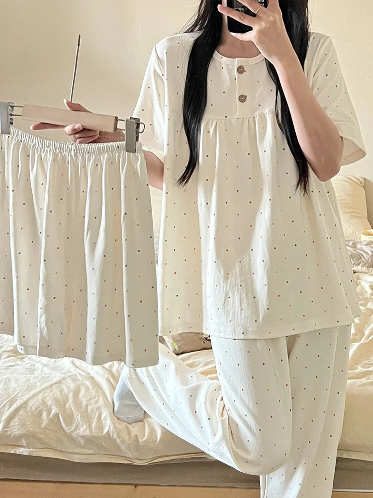 Letni komplet odzieży domowej z czystej bawełny dla kobiet, długie spodnie, słodki styl studencki, z kapturem, wygodny i oddychający.