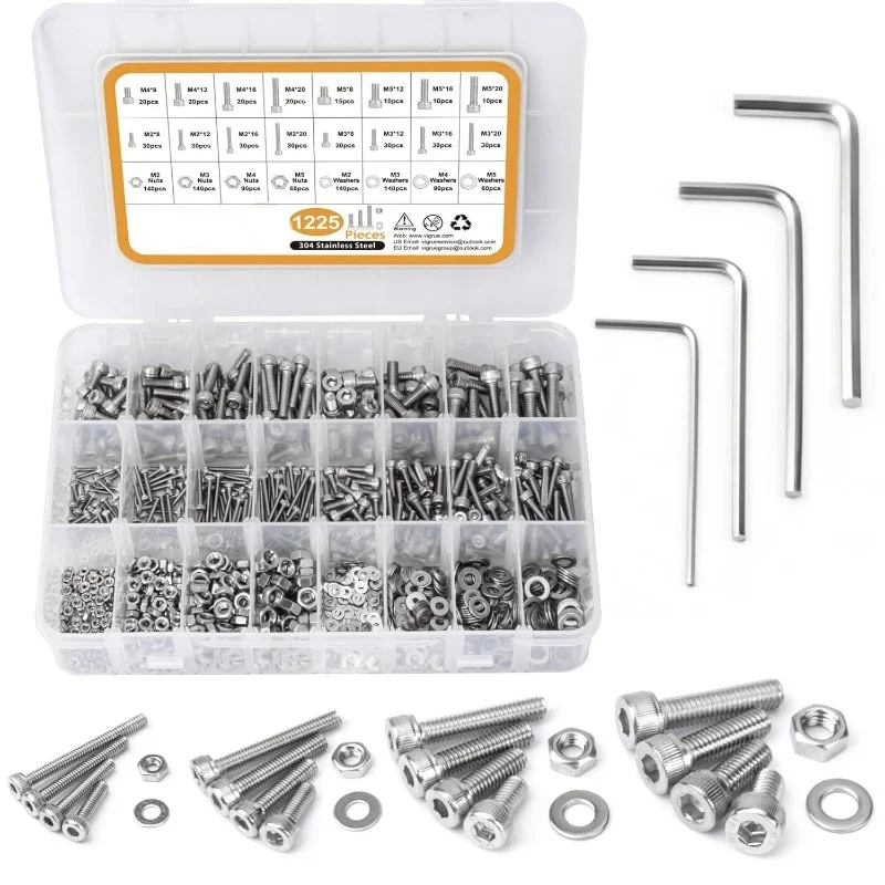 

1225pcs Boxed 304 Stainless Steel Hexagon Socket Head Bolt Nut Washer Combination + 4 Wrenches M2 M3 M4 M5 Screw Set Accessory