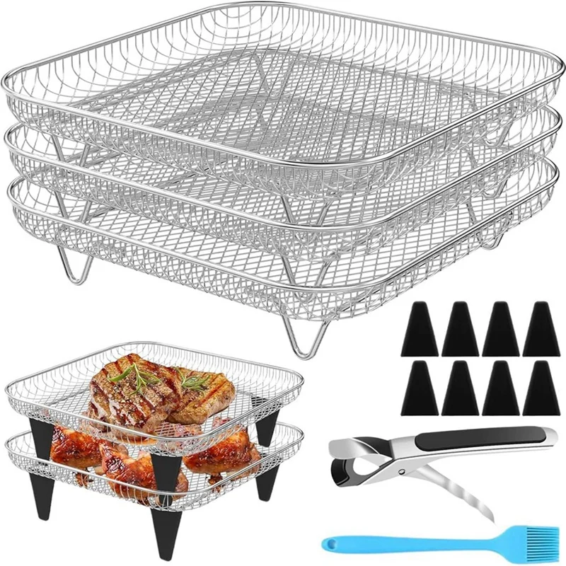 ABHG Air Fryer Accessories With Foot Cover 8Inch Square 3 Stackable Dehydrator Racks For Ninja Gowise 5.8 QT Air Fryer Racks