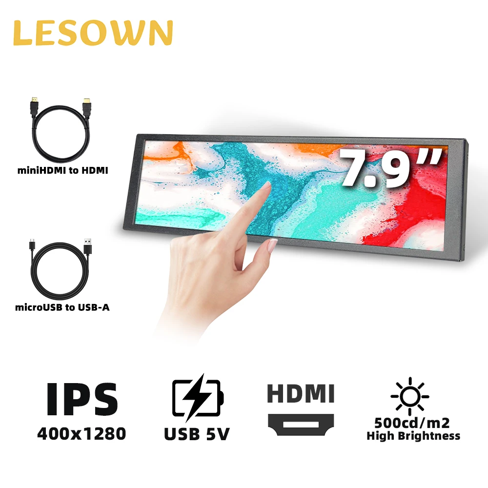 شاشة LESOWN 6.9 7.9 بوصة IPS صغيرة محمولة 400 × 1280 شاشة لمس مساعدة بدون سائق عرض حافة الإعداد لأجهزة الكمبيوتر المحمول PS5