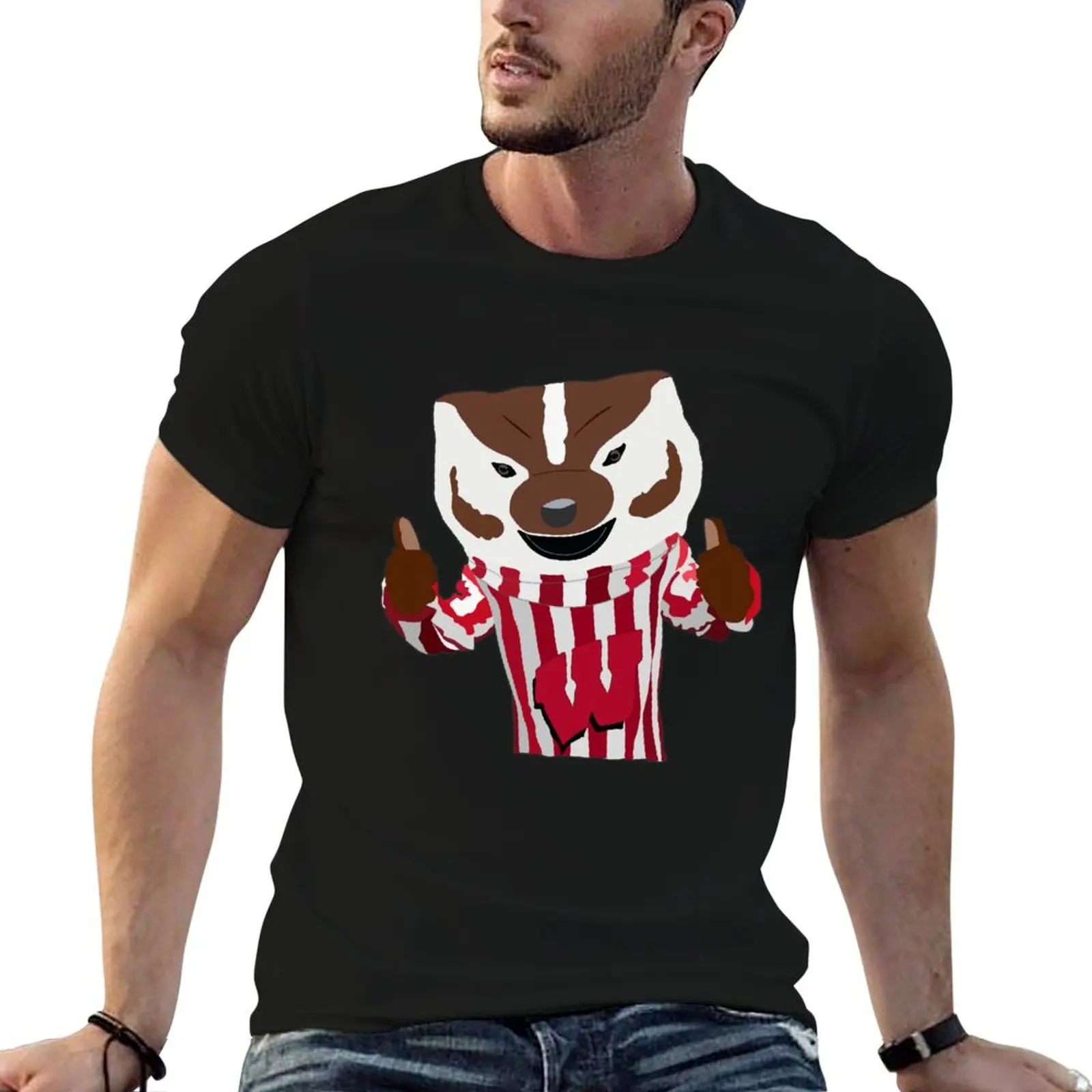 Bucky Badger Cartoon Drawing T-Shirt Big and Tall Crew Neck Tee