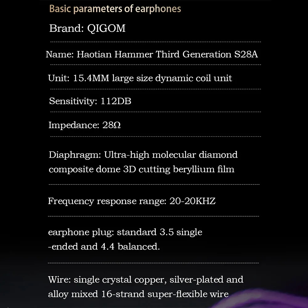 QIGOM 유선 플랫헤드 헤드셋, 28Ω 112dB, MMCX 교체 가능 와이어, 삼중 주파수 이퀄라이제이션, 이어폰 S28A Haotian Hammer Ⅲ