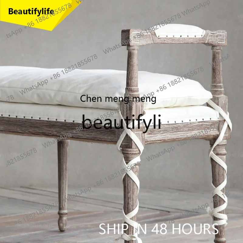 CC American solid wood retro carved bench shoe changing stool rural bedside double chair stool