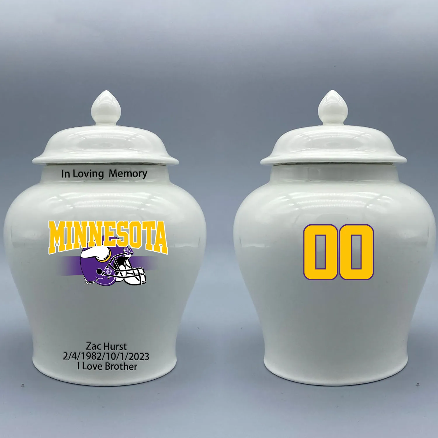 

Medium Urn for Minnesota Vikings-themed Logo Urn.Please send me the customize information-name/date and number on the urn