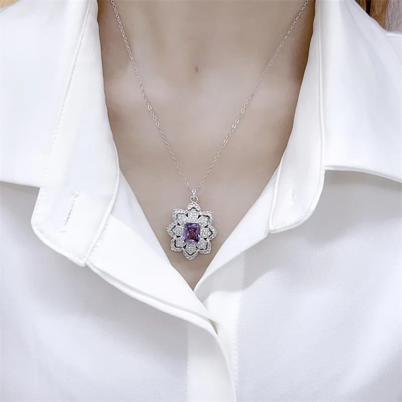 Women\'s Fashion Jewelry Sterling 925 Silver Purple Zircon Pendant Necklace Earrings Ring for Women Elegant Wedding Jewelry Set