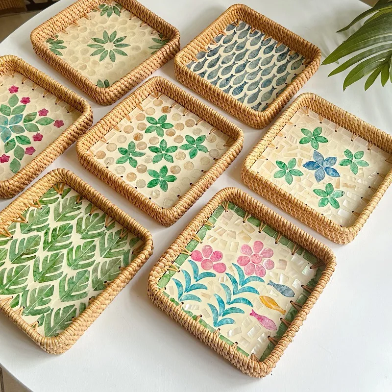 

Nordic Creative Rattan Woven Fruit Plate Color Shell Decor Ornament Jewelry Storage Tray Square Tea Tray