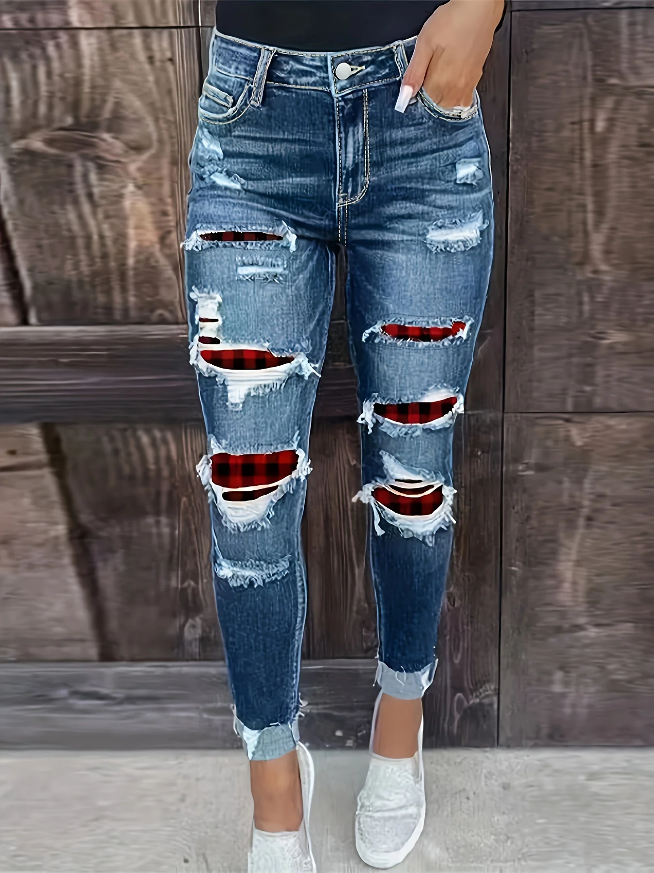 Women\'s Plus Size Jeans, Christmas Style Red Plaid Ripped Patchwork Rolled Frayed High Stretch Skinny Whiskering Denim Pants