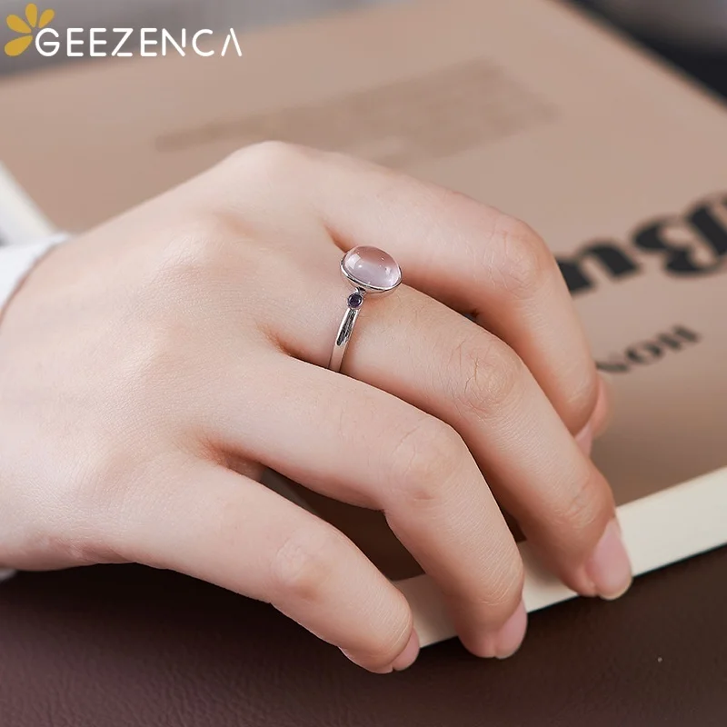 GEEZENCA 925 Sterling Silver Oval Pink Crystal Open Ring For Women Amethyst Minimalism Dainty Trendy Versatile Stack Rings Gift