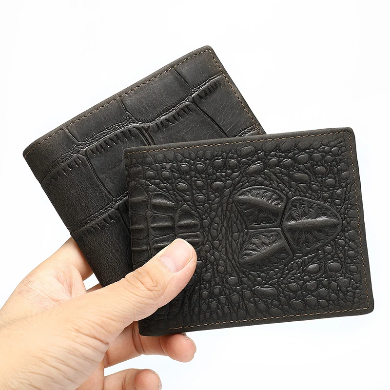 Men Genuine Leather Wallet Top Grain Cowhide Crocodile Embossed Pattern Handmade Outdoor Fashion Small Coin Purse