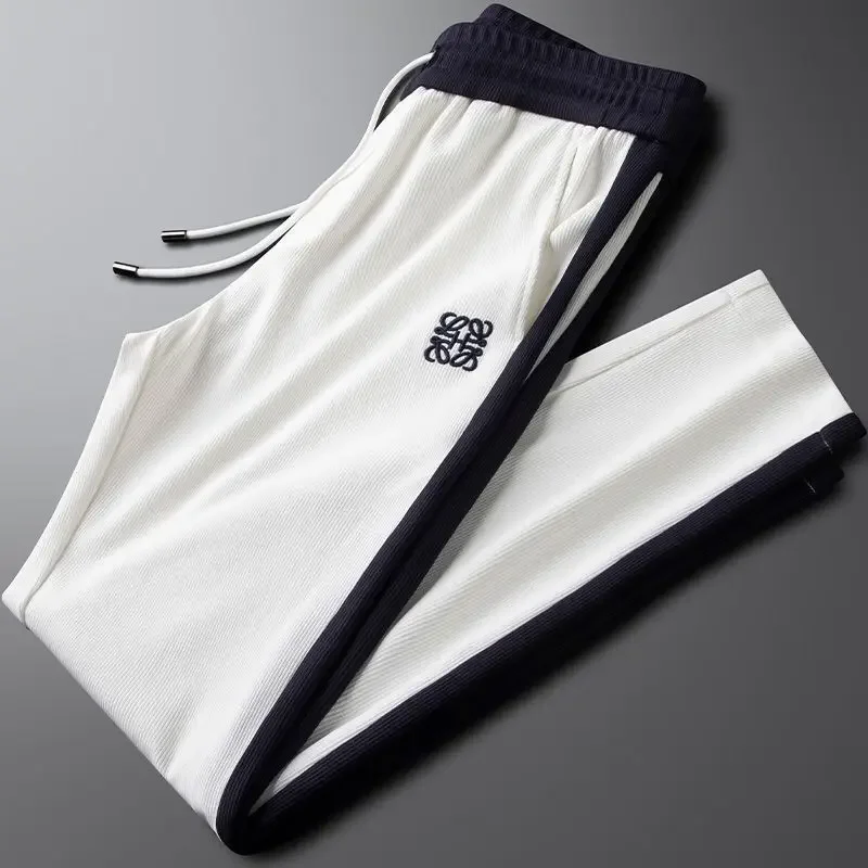 

20204 Men's striped white casual sports pants, spring and autumn slim fit embroidered contrasting color sports pants