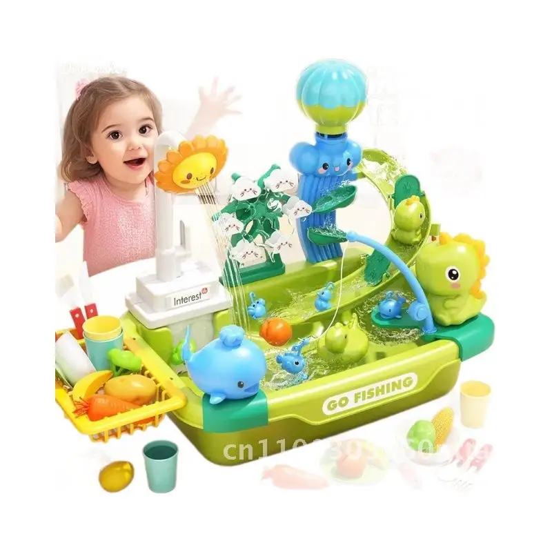 Electric Circulating Water Vegetable Washing Basin Kitchen Play Set Children's Educational Toy Fishing Game Bowl with Play Suit