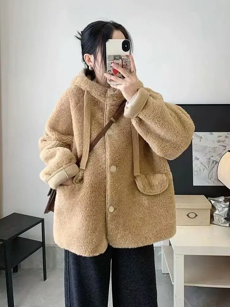 

Lamb Fur New Coat Loose Autumn Spring Hooded Short Tops Single-breasted Jacket Women Clothing Trend Solid Long Sleeve Outerwear