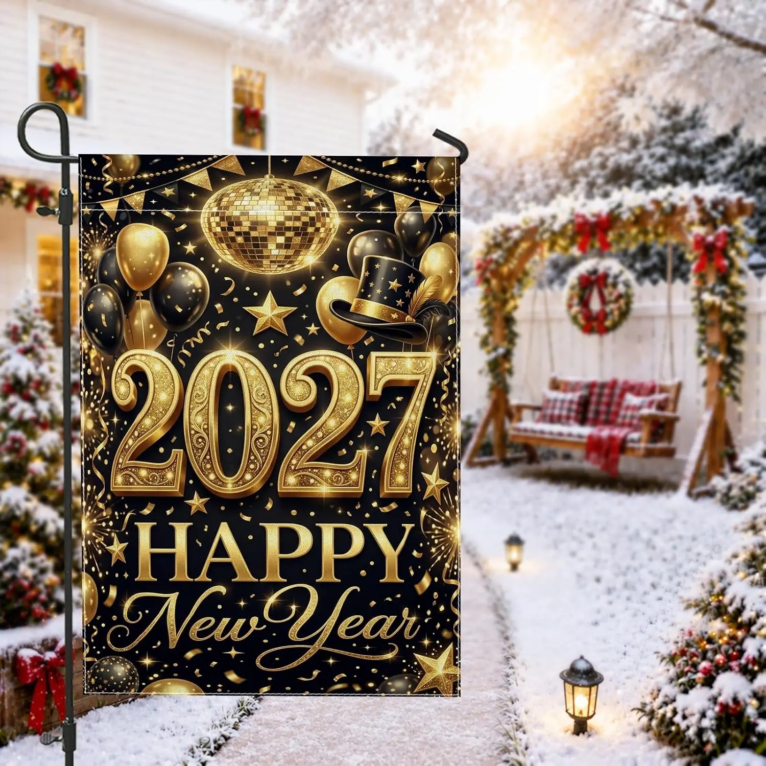 2027 Happy New Year Celebration Disco Ball Garden Flag 12x18 Inch yyi