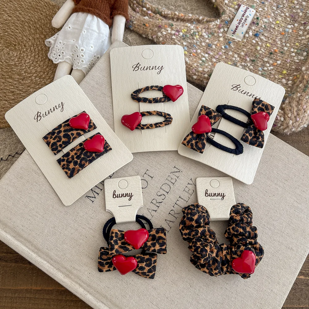 Leopard Print Hairpin Red Love Bow Hair Clip Elastic Hair Band Retro Fashion Girl Ponytail Holder Rubber Band Hair Accessories