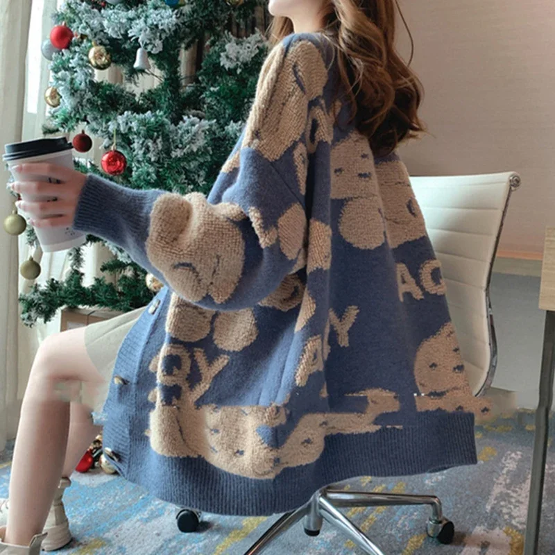 EVNISI Women Red Knitted Warm Sweater Bear Floral Printed Sweater Coat Single-breasted Cardigan Coat Women 2024 Autumn Winter