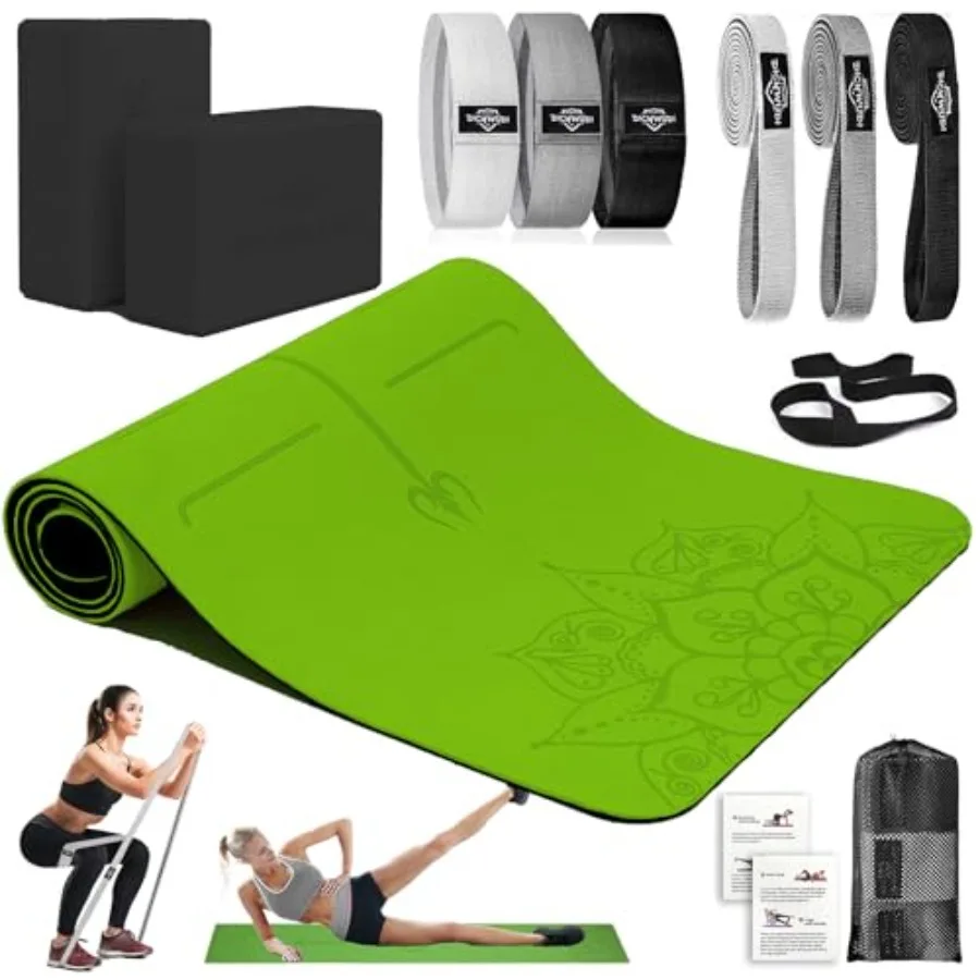 

Home workout starter kit: thick yoga mat, 6 fabric resistance bands, 2 yoga blocks non-slip, eco-friendly TPE, black for full-b