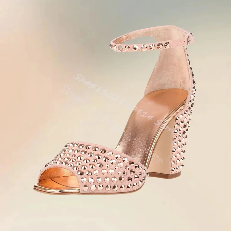 

Rivets Decor Pink Peep Toe Sandals Ankle Buckle Strap Women Shoes Chunky High Heels Fashion Party Feast 2024 Zapatos Para Mujere