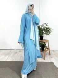 Women Eid Muslim Sets Two Pieces Morocco Ramadan Drawstring Ensemble Kaftan Button Blouses Wide Leg Pants Sporty Pockets