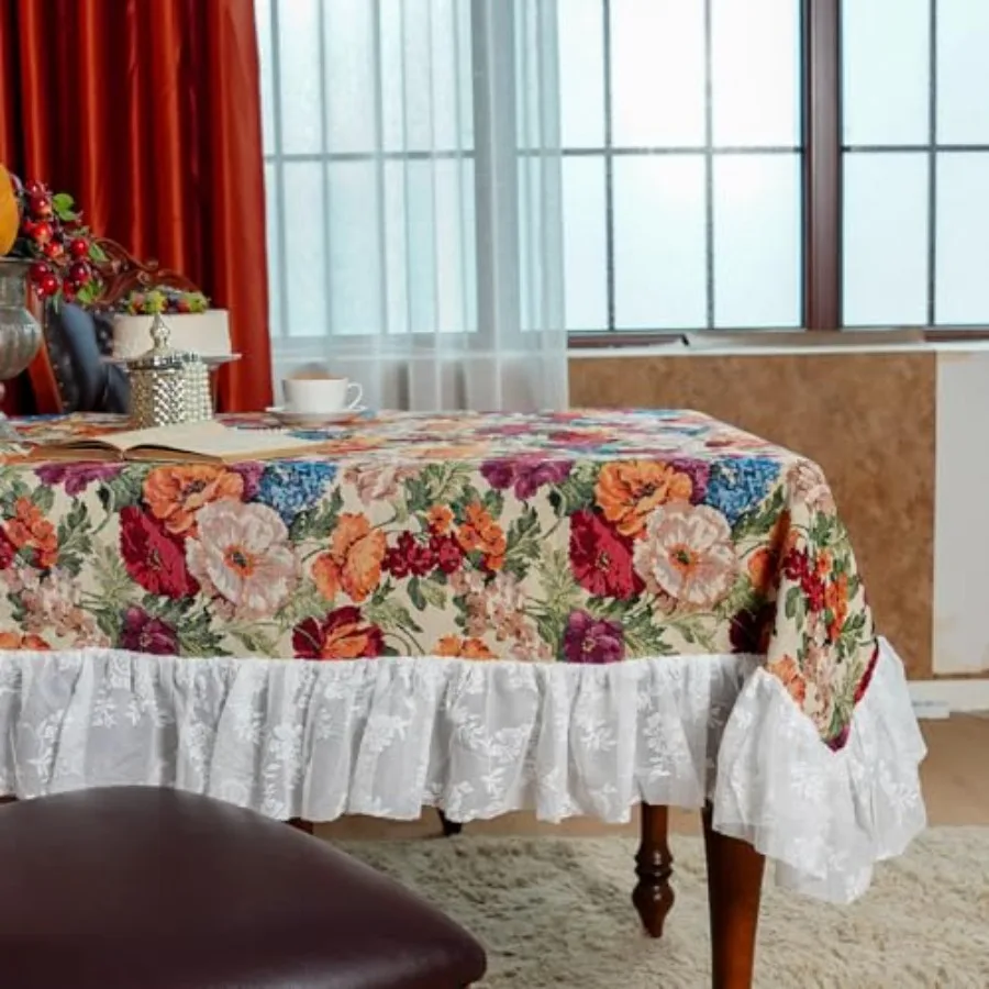 

Rectangle Ruffle Tablecloth Vintage Floral Table Cloths Washable Table Cover Decorative Table Top for Home Holiday Party Kitche