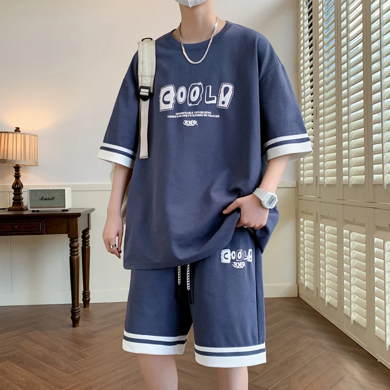 Fashion 2024 Summer Two Piece Men\'s Sets Casual Loose T-Shirts And Shorts Set Sport Outwear Top Tees&Knee-Length Pant Tracksuits