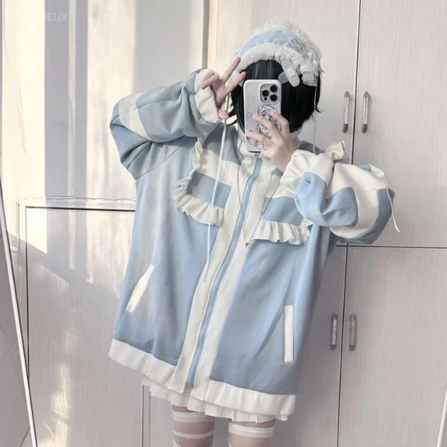 Japanese Y2k Aesthetic Stand Collar Kawaii Hoodies Women Zipper Sweatshirt Oversized Coats Grunge Harajuku Ruffled Patch Coat
