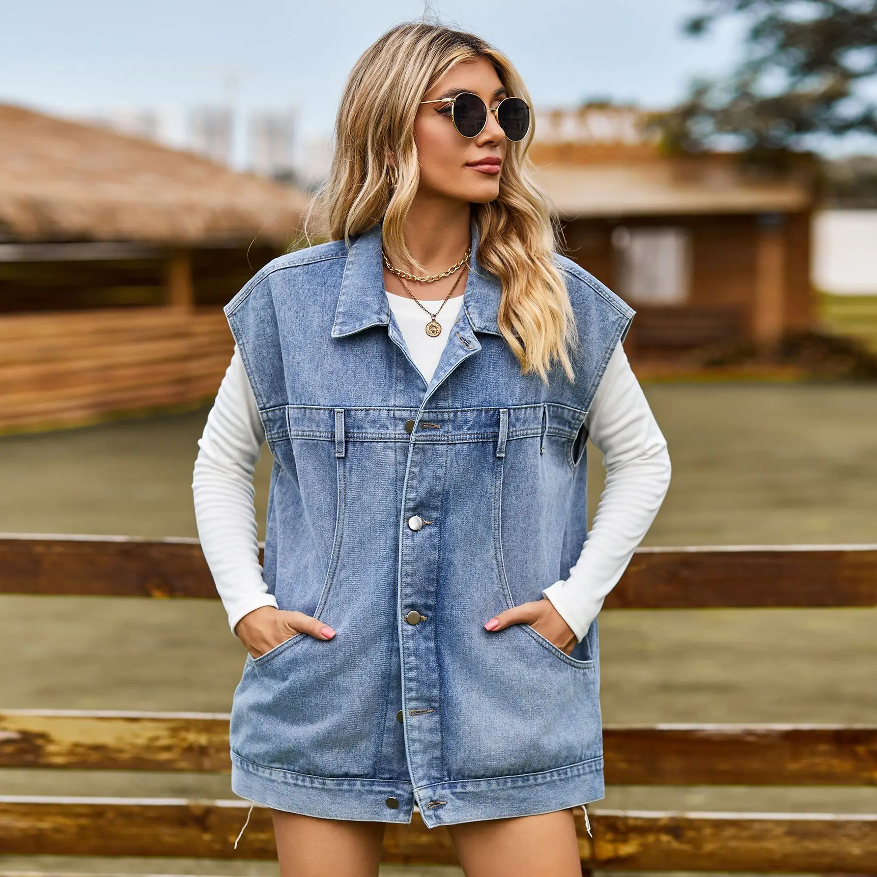 Women Vests Spliced Single Breasted Denim Jackets Cardigan Turn Down Collar Washed Coat Pockets Loose Solid Casual Autumn