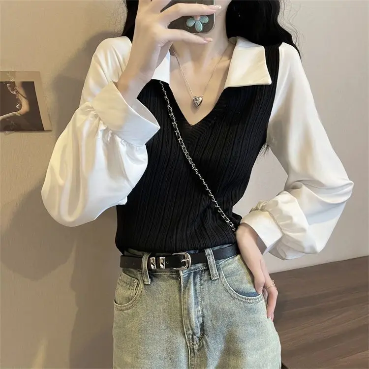 Design Sense Niche Splicing Polo Collar Lantern Sleeves Fake Two-piece Short Knitted Top Women\'s Long Sleeved Shirt