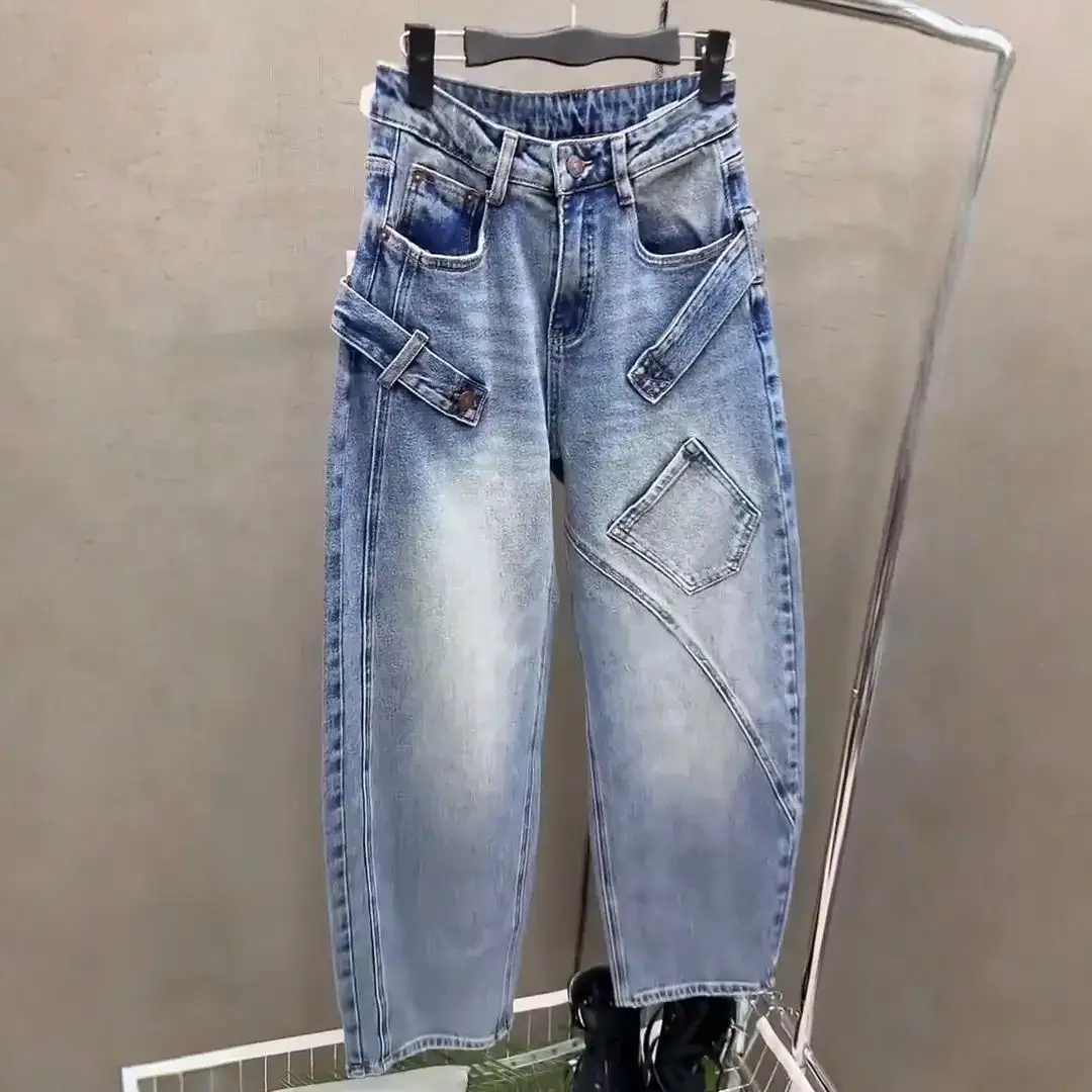 2026 Spring and Autumn Jeans Women's New Large Loose Jeans Personalized Pocket Solid Color Jeans Womam
