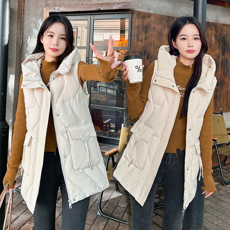 

Women's down Cotton Vest 2024 Autumn Winter Thiened Mid-Length Faionable Quilted Jaet Coat Zipper Closure Hooded