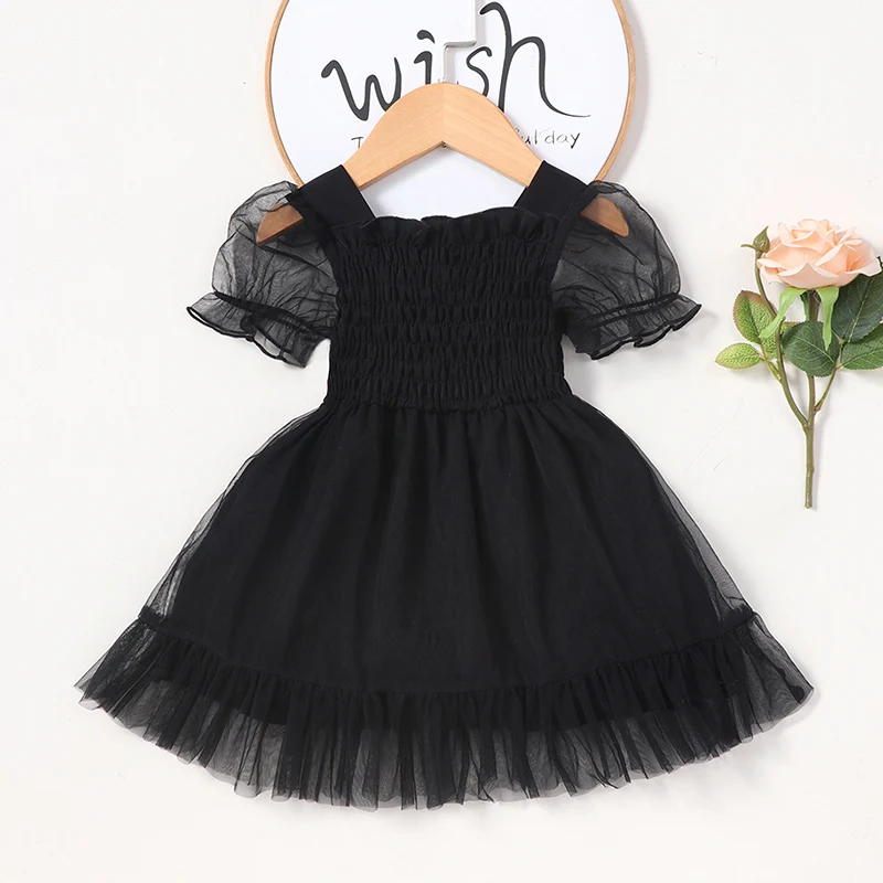 Infant Baby Girl Black Tulle Dress Ruffle Short Sleeve Frill High Waist A-line Tutu Dress Princess Summer Clothes