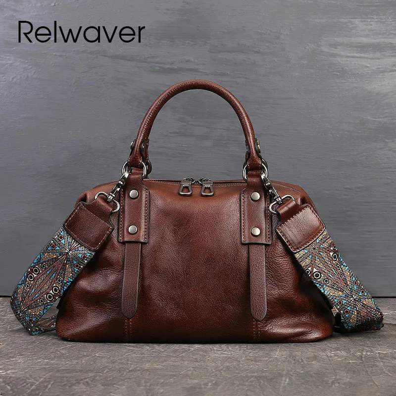 Relwaver natural cow leather Boston bag genuine leather women handbags 2024 spring soft pillow big shoulder crossbody bags