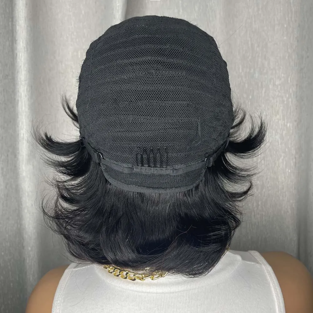 ピクシーカットウィッグ 人毛 黒人女性用 前髪付き ナチュラルブラック ストレート フルマシンメイド ショートレイヤード