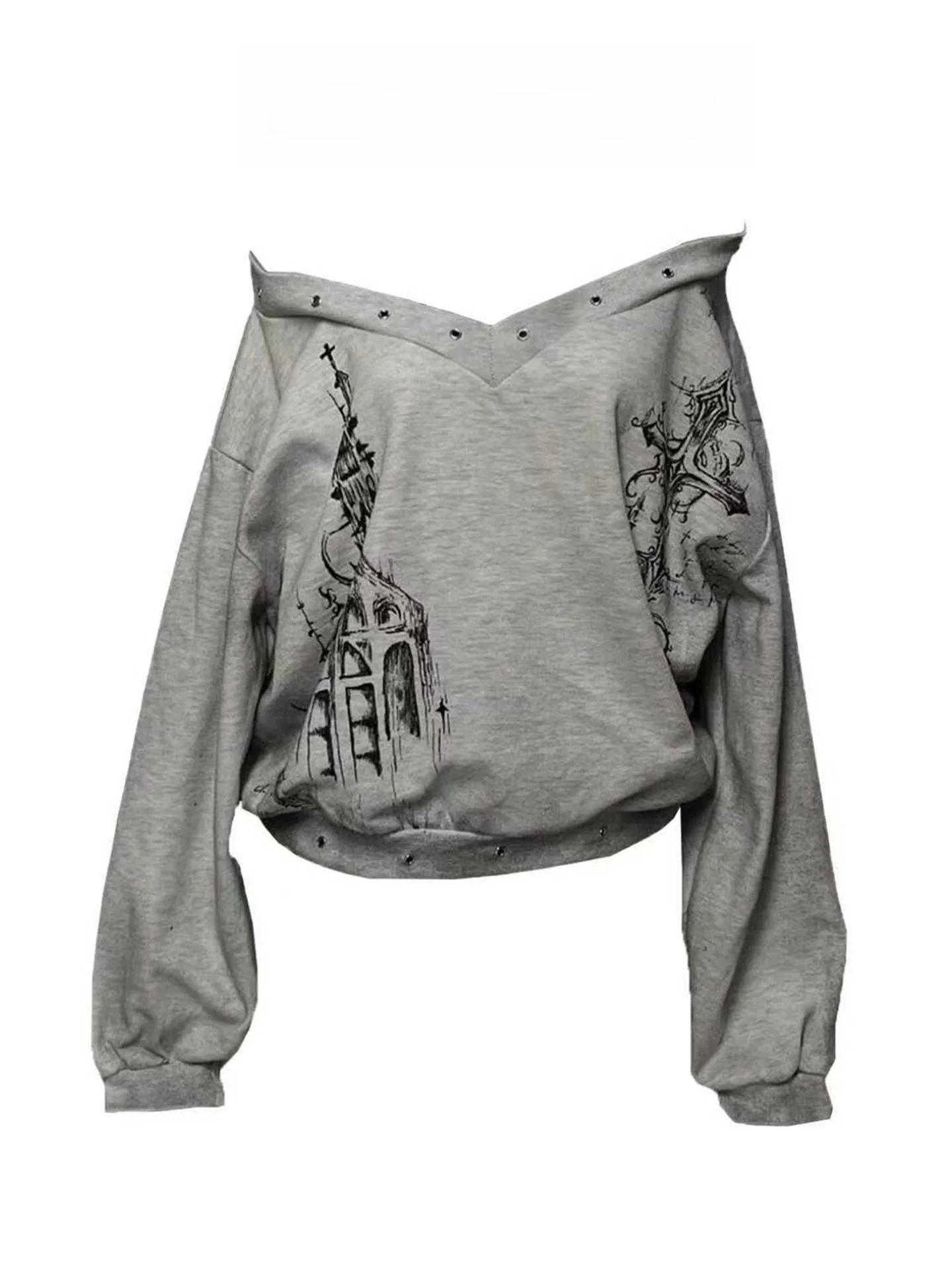 

Y2K Hot Girl Grey Off-Shoulder Long Sleeve Hoodie Women's Loose Punk Rock Spring Trendy Top Casual Streetwear V-neck Sweatshirt