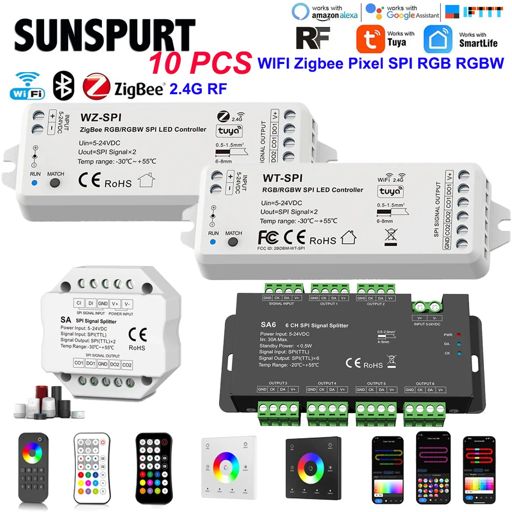 

5RGB/RGBW 4CH 8CH DC5V-24V Tuya WiFi Zigbee+RF SPI LED Controller WT-SPI/WZ-SPI WS2811 Ws2812 Ws2815 SK6812 Signal LED Amplifier