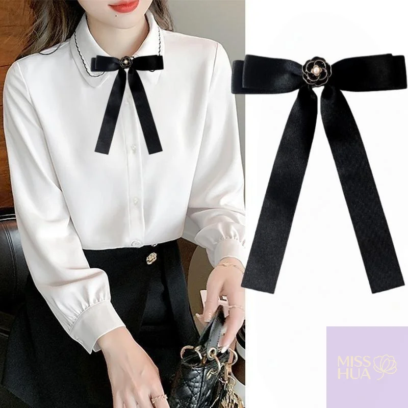 Temperament Black White Camellia Bow Brooch Mourning Corsage Pin Bowknot Neck Tie Brooch Shirt Collar Accessories For Woman