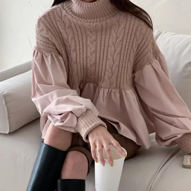 Neploe High Neck Heavy Industry Fried Dough Twists Pattern Patchwork Lantern Sleeve Knit Sweater Femme Autumn Winter Pullovers