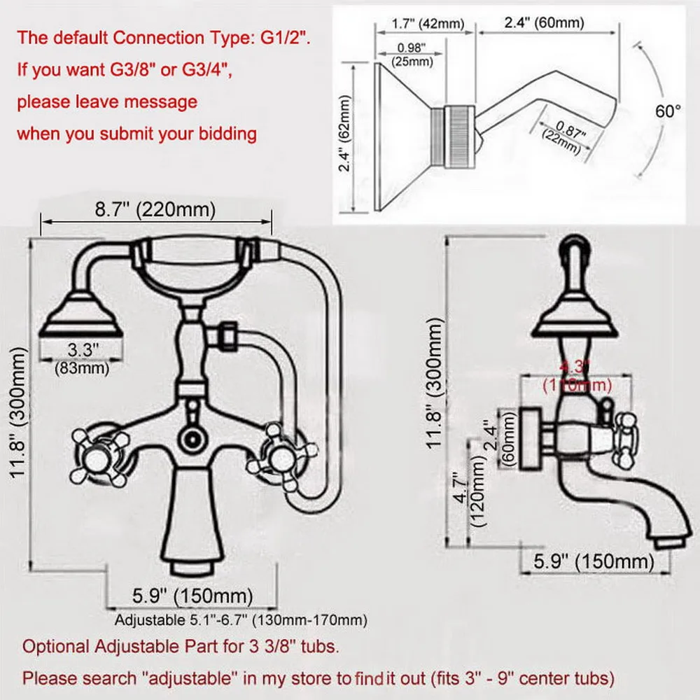 Antique Red Copper Double Handle Wall Mounted Bathroom Bath Tub Faucet Set with 1500MM Hand Held Shower Spray Mixer Tap 2na370