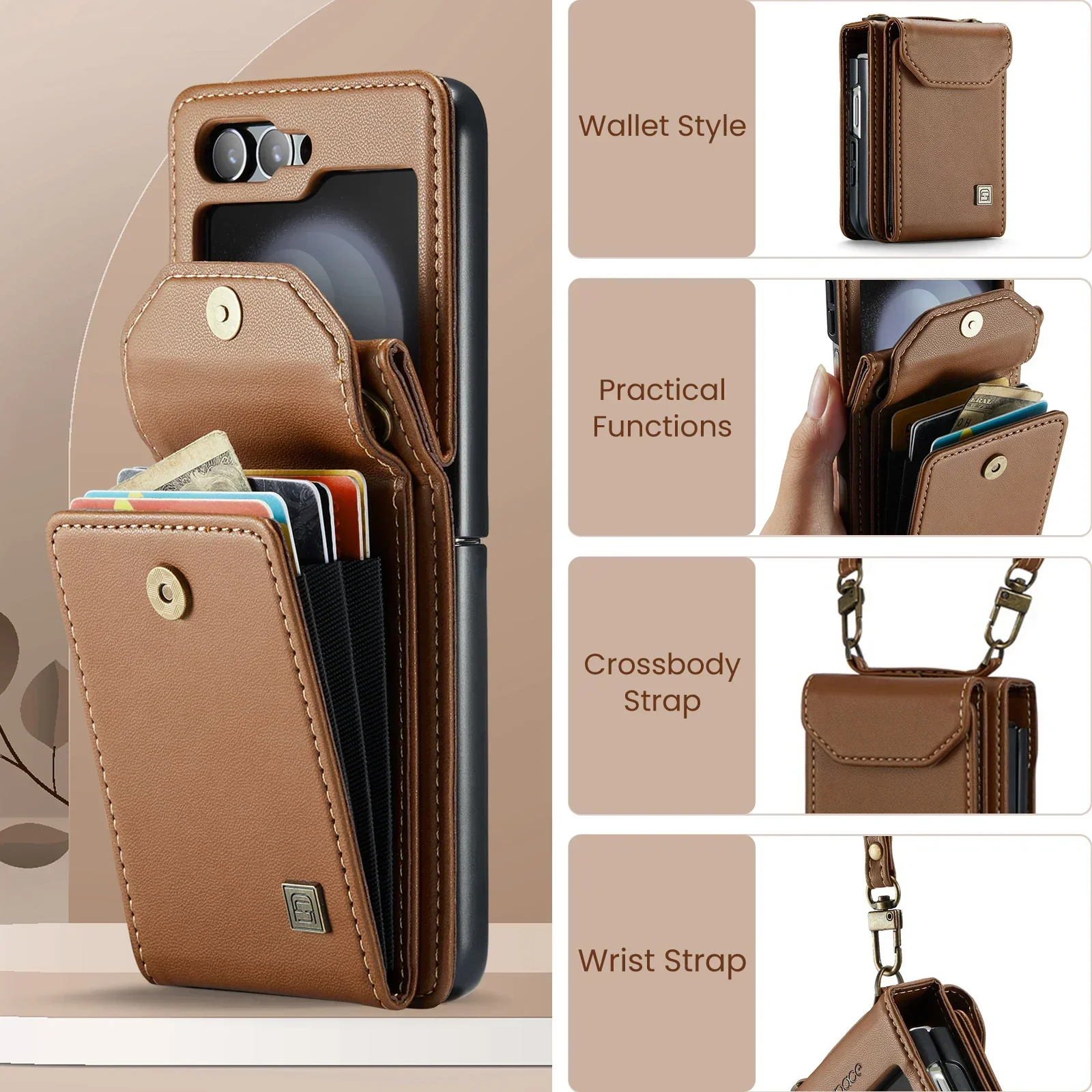 Cards Solt Wallet Crossbody Lanyard Leather Case For Samsung Galaxy Z Flip 6 5 Flip5 Flip6 Purse Pocket Shoulder Strap Bag Cover