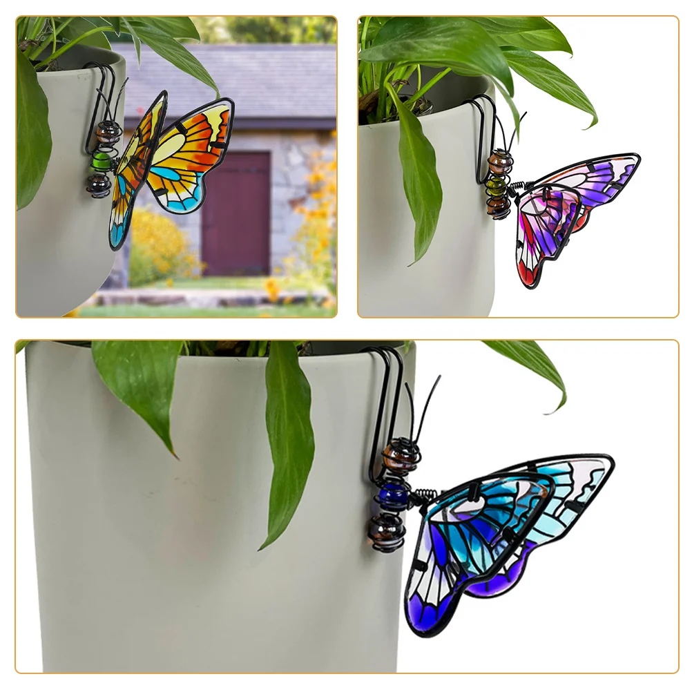 3 Pcs Butterfly Metal Glass Hanging Decor for Flower Pot Home Office Garden Adornment Planter nament Set Iron Craftsmanship