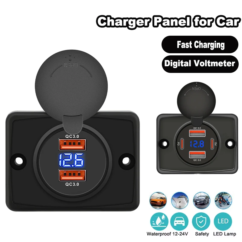 2-4 Ports Car Charger Type-C Quick Charge & QC3.0 Panel Wall Mount Charger Adapter With Digital Voltmeter for Bus ATV Truck