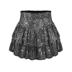 Sexy Mini Skirt Women High Waist Solid Color Pleated Skirt Sparkling Bright Sequins Layer Ruffle Hem Short Skirt Streetwear
