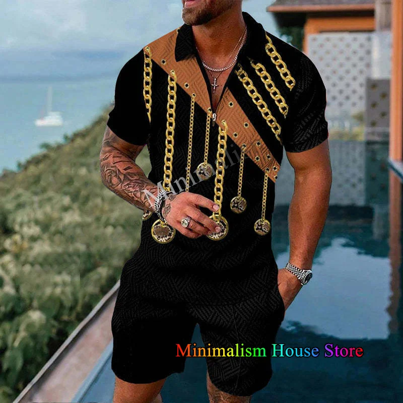 Men's Tracksuit Luxury 3D Print Short Sleeve Zipper Polo Shirt Shorts 2 Pieces Sets Summer Sports Suit Oversized Male Streetwear